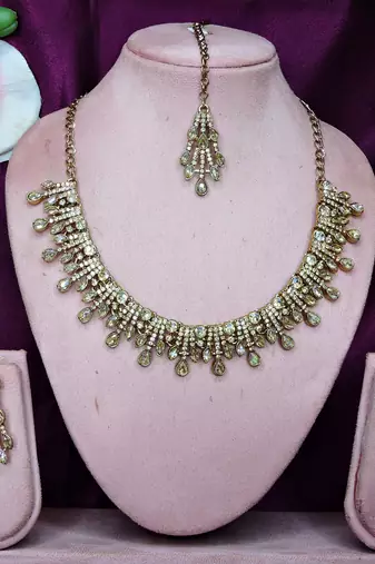 Gold yellow gold premium designer american diamond and stone work necklace set