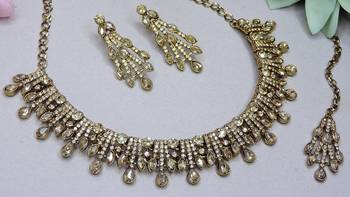 Gold yellow gold premium designer american diamond and stone work necklace set 3