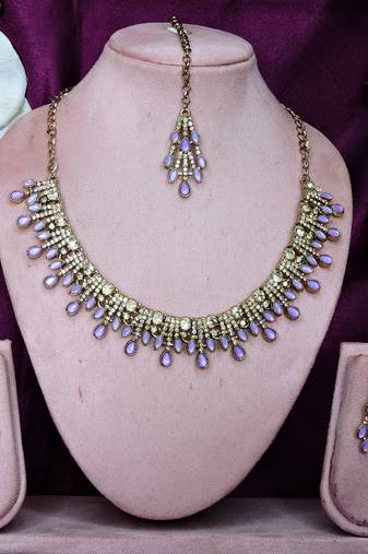 Purple yellow gold premium designer american diamond and stone work necklace set