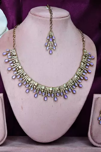 Purple yellow gold premium designer american diamond and stone work necklace set
