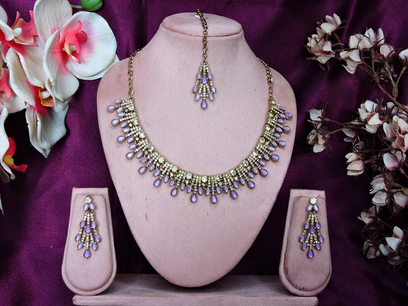 Purple yellow gold premium designer american diamond and stone work necklace set