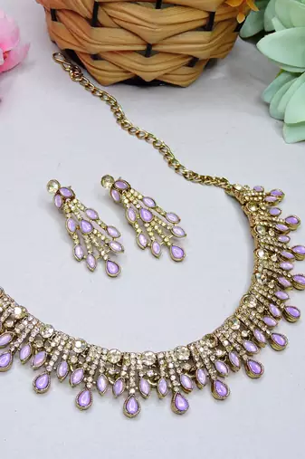 Purple yellow gold premium designer american diamond and stone work necklace set