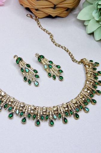 Green yellow gold premium designer american diamond and stone work necklace set