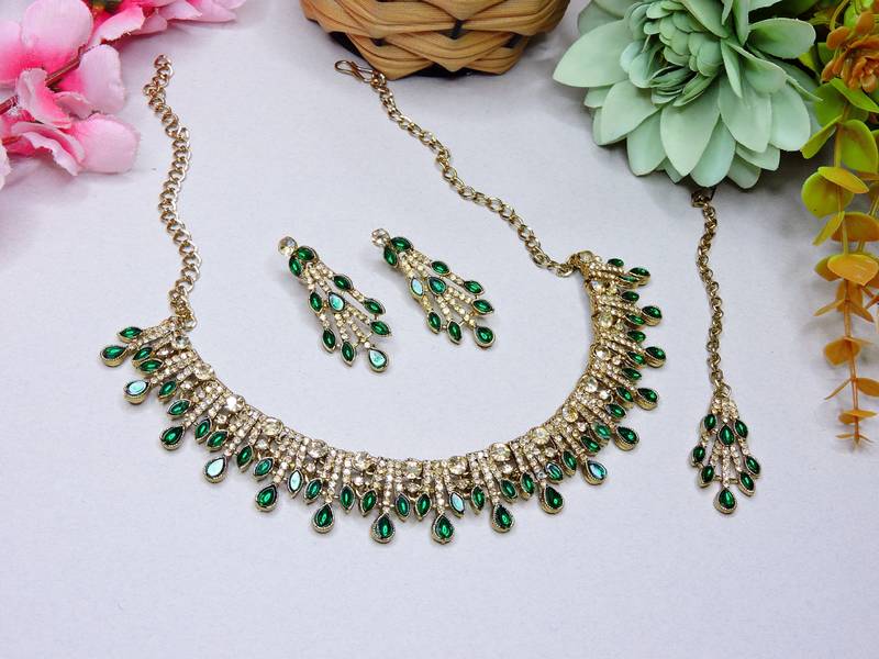 Green yellow gold premium designer american diamond and stone work necklace set