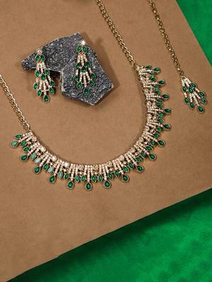 Green yellow gold premium designer american diamond and stone work necklace set 2