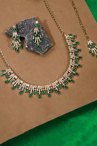 Green yellow gold premium designer american diamond and stone work necklace set