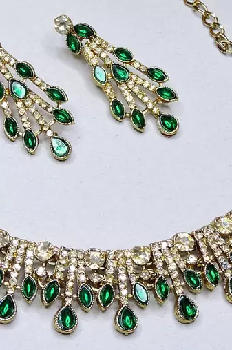 Green yellow gold premium designer american diamond and stone work necklace set