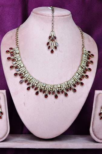 Maroon yellow gold premium designer american diamond and stone work necklace set