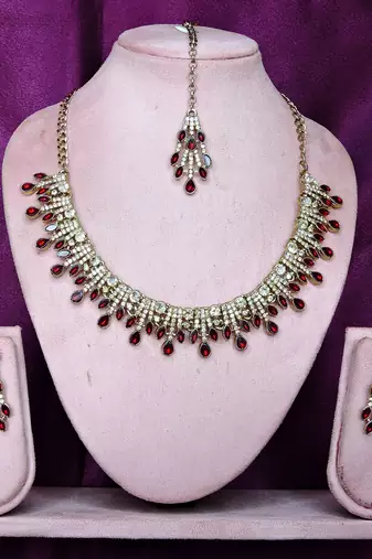 Maroon yellow gold premium designer american diamond and stone work necklace set