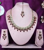 Maroon yellow gold premium designer american diamond and stone work necklace set