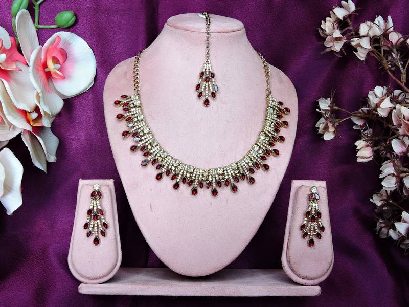 Maroon yellow gold premium designer american diamond and stone work necklace set