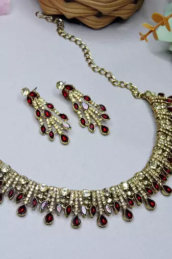 Maroon yellow gold premium designer american diamond and stone work necklace set