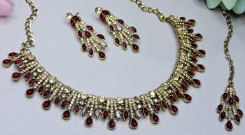 Maroon yellow gold premium designer american diamond and stone work necklace set 3