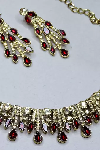 Maroon yellow gold premium designer american diamond and stone work necklace set