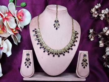 Blue yellow gold premium designer american diamond and stone work necklace set 1