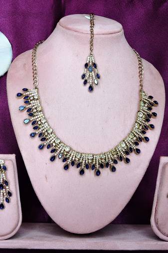 Blue yellow gold premium designer american diamond and stone work necklace set