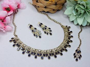 Blue yellow gold premium designer american diamond and stone work necklace set 2