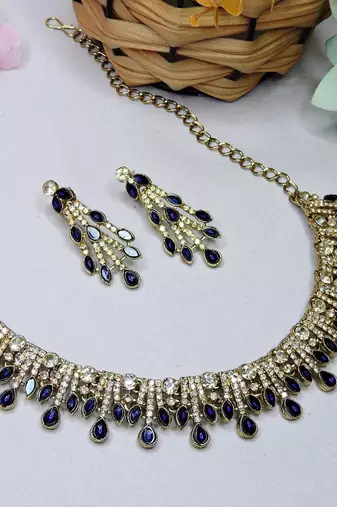 Blue yellow gold premium designer american diamond and stone work necklace set