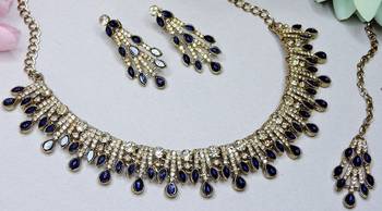 Blue yellow gold premium designer american diamond and stone work necklace set 3