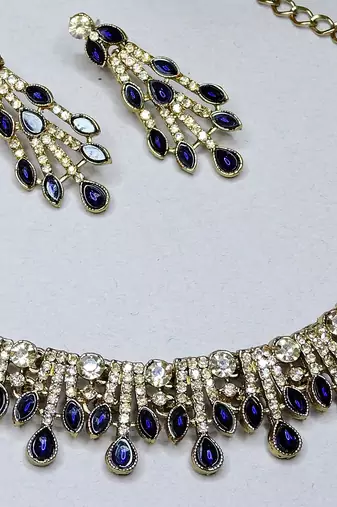 Blue yellow gold premium designer american diamond and stone work necklace set