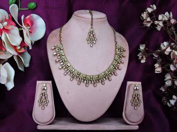 Pink yellow gold premium designer american diamond and stone work necklace set 1
