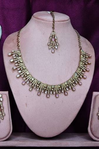 Pink yellow gold premium designer american diamond and stone work necklace set