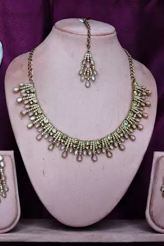 Pink yellow gold premium designer american diamond and stone work necklace set