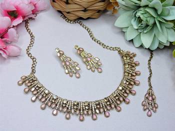 Pink yellow gold premium designer american diamond and stone work necklace set 2