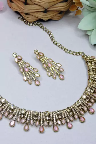 Pink yellow gold premium designer american diamond and stone work necklace set