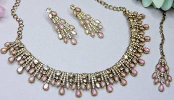 Pink yellow gold premium designer american diamond and stone work necklace set 3
