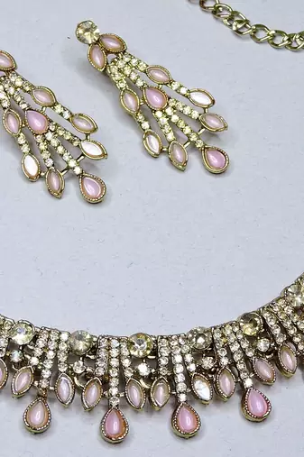 Pink yellow gold premium designer american diamond and stone work necklace set