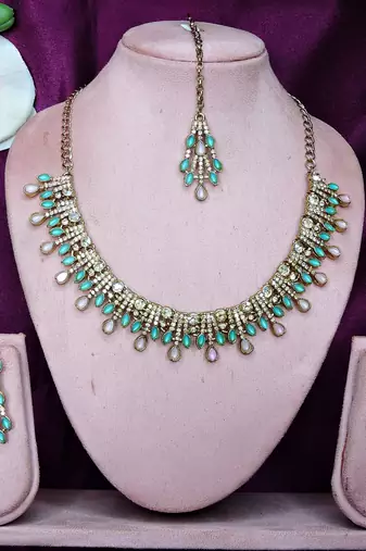 Green yellow gold premium designer american diamond and stone work necklace set