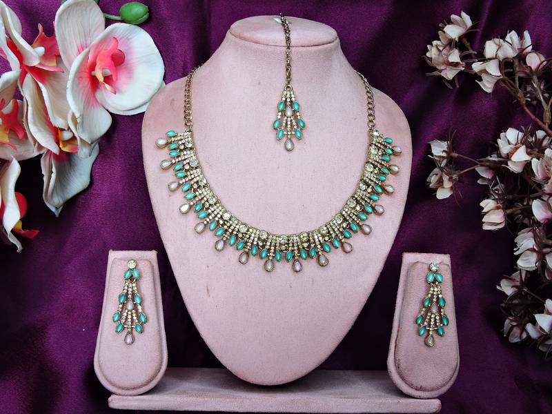Green yellow gold premium designer american diamond and stone work necklace set