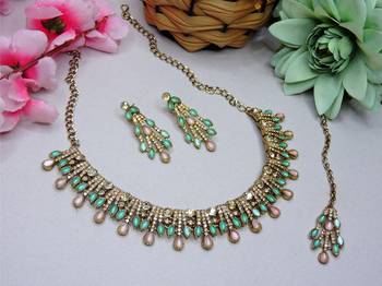 Green yellow gold premium designer american diamond and stone work necklace set 2