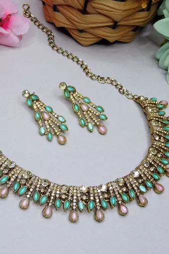 Green yellow gold premium designer american diamond and stone work necklace set