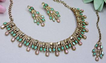 Green yellow gold premium designer american diamond and stone work necklace set 3