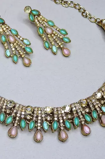 Green yellow gold premium designer american diamond and stone work necklace set