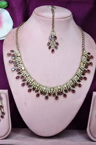 Purple yellow gold premium designer american diamond and stone work necklace set
