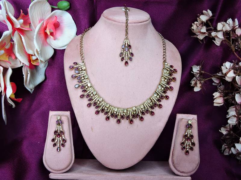 Purple yellow gold premium designer american diamond and stone work necklace set