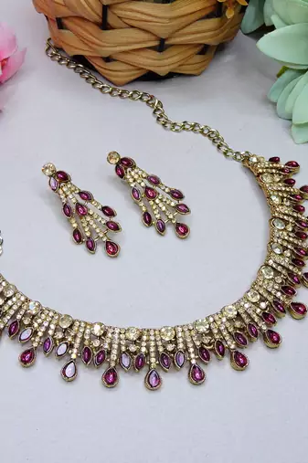Purple yellow gold premium designer american diamond and stone work necklace set