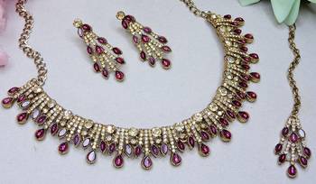 Purple yellow gold premium designer american diamond and stone work necklace set 3