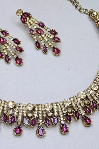 Purple yellow gold premium designer american diamond and stone work necklace set