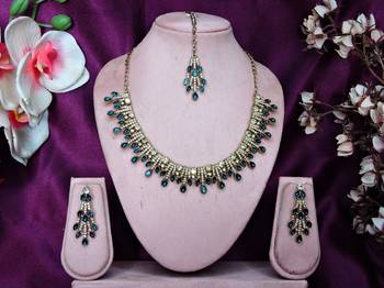 Blue yellow gold premium designer american diamond and stone work necklace set 1
