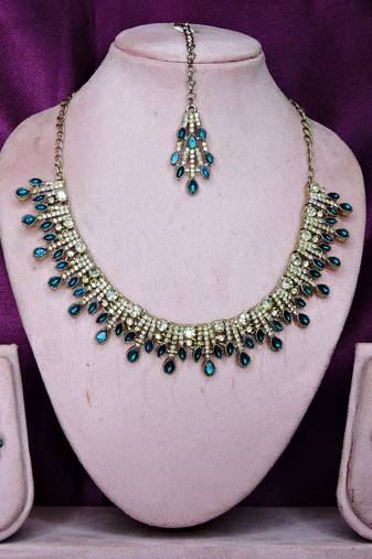 Blue yellow gold premium designer american diamond and stone work necklace set