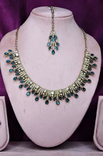 Blue yellow gold premium designer american diamond and stone work necklace set