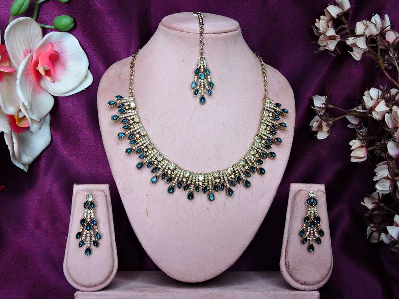 Blue yellow gold premium designer american diamond and stone work necklace set