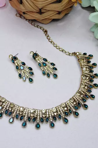 Blue yellow gold premium designer american diamond and stone work necklace set