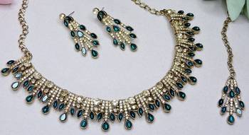 Blue yellow gold premium designer american diamond and stone work necklace set 3