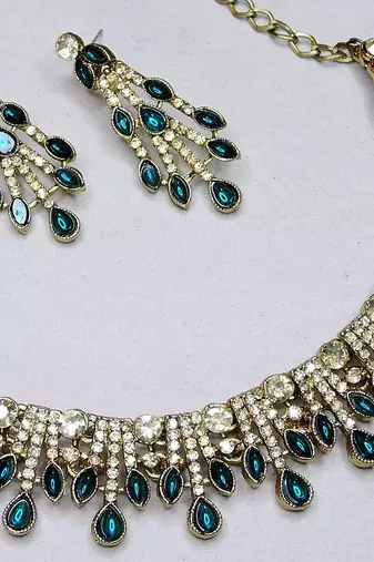 Blue yellow gold premium designer american diamond and stone work necklace set