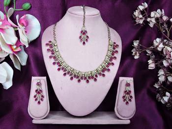 Pink yellow gold premium designer american diamond and stone work necklace set 1
